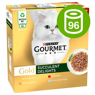 Purina Gourmet Gold Succulent Delights, 8x85 g. Warianty: z kurczakiem, wołowiną, łososiem, rybą oceaniczną. Zielona ikona z liczbą 96.