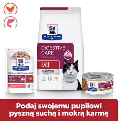 Hill's Prescription Diet Digestive Care i/d dla kotów, sucha karma, karma mokra i puszka. Ikony dla kurczaka i łososia widoczne.