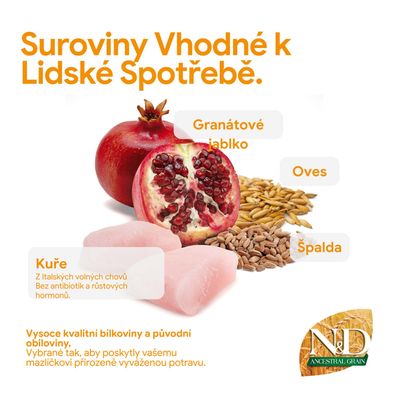 Prísady vhodné na ľudskú konzumáciu: granátové jablko, ovos, špalda, kuracie mäso z voľného chovu bez antibiotík alebo rastových hormónov. Kvalitné proteíny a pôvodné obilniny.
