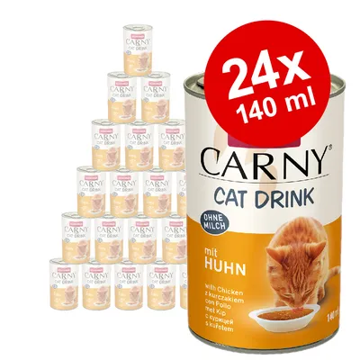 Carny Cat Drink with chicken, without milk, 24x140 ml. Image of a can and a pyramid of cans. Carny Cat Drink with chicken, without milk, 24x140 ml. Image of a can and a pyramid of cans.