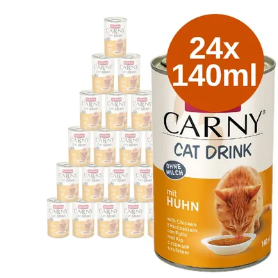 24×140ml Carny Cat Drink ohne Milch mit Huhn, obrázek plechovek s oranžovou etiketou a kočkou pijící z misky. Viditelný text: with Chicken, s kuřetem.