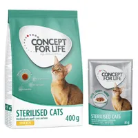 400 g Concept for Life száraztáp + 12 x 85 g nedvestáp szószban - Sterilised Cats vegyes csomag