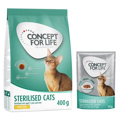 400 g Concept for Life száraztáp + 12 x 85 g nedvestáp szószban - Sterilised Cats vegyes csomag 400 g Concept for Life száraztáp + 12 x 85 g nedvestáp szószban - Sterilised Cats vegyes csomag