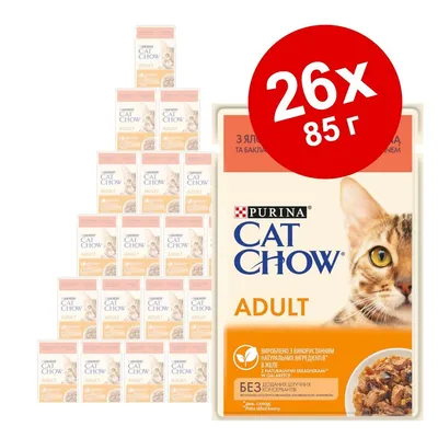 Purina Cat Chow Adult, 26 пакета по 85 г. Опаковка с изображение на котка и текст: без добавени изкуствени консерванти, 2 натурални съставки в желе. Purina Cat Chow Adult, 26 пакета по 85 г. Опаковка с изображение на котка и текст: без добавени изкуствени консерванти, 2 натурални съставки в желе.