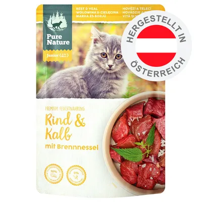 Pure Nature Junior Premium Feuchtnahrung Rind & Kalb mit Brennnessel, hergestellt in Österreich. 70% Fleischanteil, 0% Getreide.