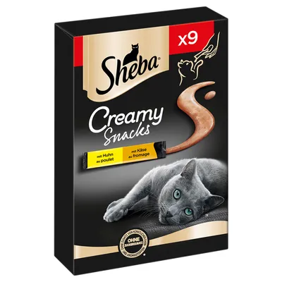 Sheba Creamy Snacks x9, au poulet et au fromage, sans sucres ajoutés ni arômes artificiels. Texte en allemand et français visible sur l’emballage.