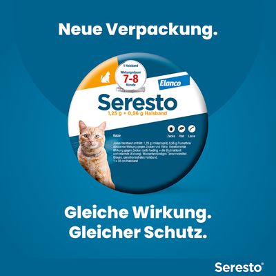 Seresto Halsband für Katzen, neue Verpackung. Wirkungsdauer 7-8 Monate gegen Zecken, Flöhe und Larven. Wasserbeständiges Tierarzneimittel, geruchsneutral. Gleiche Wirkung, gleicher Schutz.