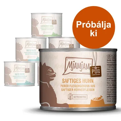 Mjamjam PUR macskaeledel konzervek: Saftiges Huhn, Leckeres Rind, Gute Pute. Narancssárga körben: Próbálja ki felirat.