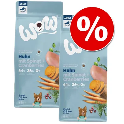 WOW Huhn mit Spinat + Cranberries kutyatáp, 2×6 kg csomag, 64% hús, 36% zöldség, 0% gabona, akciós jelzés piros körben % jellel