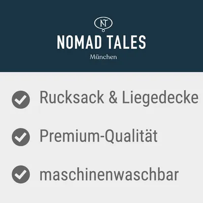 Nomad Tales München. Rucksack & Liegedecke, Premium-Qualität, maschinenwaschbar.
