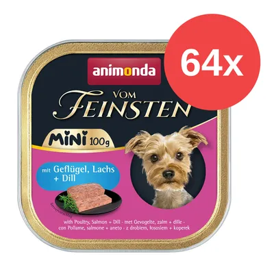 Animonda Vom Feinsten Mini 100g, mit Geflügel, Lachs und Dill. Packung zeigt einen kleinen Hund. Hinweis: 64x verfügbar.