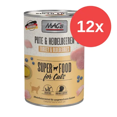 MAC's Superfood for Cats, pavo y arándanos, sin cereales, alto contenido de carne, alimento completo para gatos adultos, 12x lata, Made in Germany. MAC's Superfood for Cats, pavo y arándanos, sin cereales, alto contenido de carne, alimento completo para gatos adultos, 12x lata, Made in Germany.