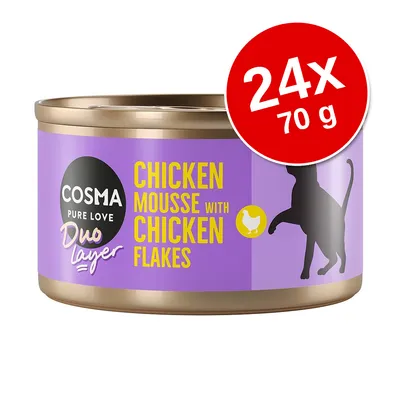 COSMA Pure Love Duo Layer Chicken Mousse with Chicken Flakes macskaeledel, 24×70 g konzerv, lila címkén sárga felirat és fekete macskasziluett látható.