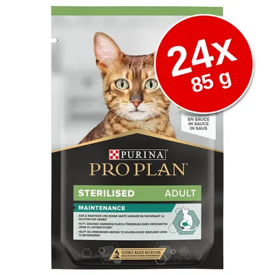 Purina Pro Plan Sterilised Adult macskaeledel, 24×85 g. Feliratok: MAINTENANCE, EN SAUCE IN SAUCE IN SAUS. Csomagoláson macskakép és Purina logó látható.