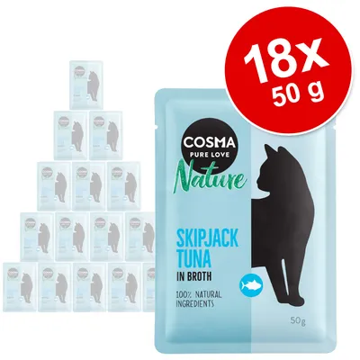 Cosma Nature Skipjack Tuna in Broth, 18x50g, 100% natürliche Zutaten. Verpackung mit schwarzer Katzensilhouette und rotem Kreis für Mengenangabe. Cosma Nature Skipjack Tuna in Broth, 18x50g, 100% natürliche Zutaten. Verpackung mit schwarzer Katzensilhouette und rotem Kreis für Mengenangabe.