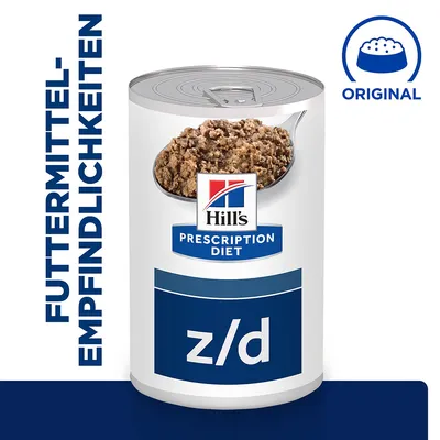 Hill's Prescription Diet z/d Nassfutter für Futtermittel-Empfindlichkeiten, Original-Rezeptur. Dose mit Abbildung des Futters und Logo.