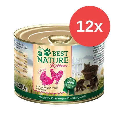 Best Nature Kitten volaille avec cœurs de volaille et riz, composition naturelle, 12x 200g boîtes. Alimentation naturelle de qualité premium.