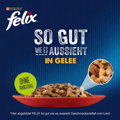 Purina Felix So gut wie es aussieht in Gelee. Ohne Farbstoffe. Geschmacksvielfalt vom Land, abgebildet auf rotem Teller.