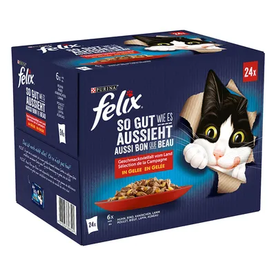 Purina Felix So gut wie es aussieht, 24x saszetki w galarecie, smaki: kurczak, wołowina, królik, jagnięcina. Opakowanie z rysunkiem kota i talerzem karmy.