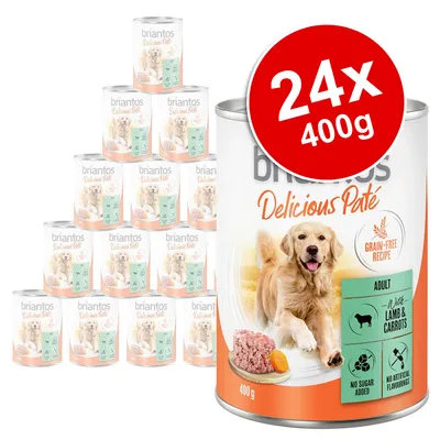 briantos Delicious Paté Adult with Lamb & Carrots, Grain-Free Recipe, 24 x 400g cans, no sugar added, no artificial flavourings visible on packaging