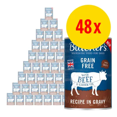 Lot de 48 boîtes Butcher’s Nourishing Food for Dogs, Grain Free, with Beef & Garden Veg, Recipe in Gravy. Texte visible : Supporting UK Farmers, With Gravy.