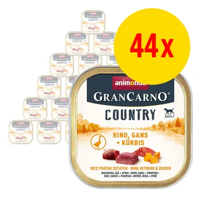 Lot de 44 barquettes Animonda GranCarno Country Adult, Rind, Gans + Kürbis. Texte visible : 100 % frische Zutaten, ohne Getreide & Zucker. Viande de bœuf, oie et potiron illustrées. Lot de 44 barquettes Animonda GranCarno Country Adult, Rind, Gans + Kürbis. Texte visible : 100 % frische Zutaten, ohne Getreide & Zucker. Viande de bœuf, oie et potiron illustrées.