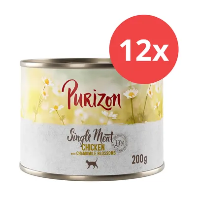 Purizon Single Meat Chicken con flores de manzanilla, lata de 200g, pack de 12. 13% de carne, apto para gatos.