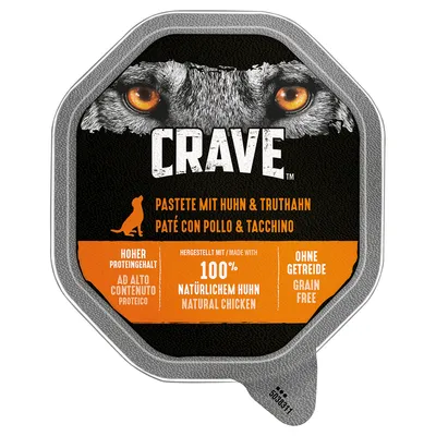 Crave paté con pollo e tacchino, alto contenuto proteico, preparato con pollo 100% naturale, senza cereali. Crave paté con pollo e tacchino, alto contenuto proteico, preparato con pollo 100% naturale, senza cereali.