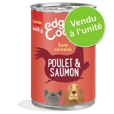 Conserve edge Cook SENIORS 400 g, sans céréales, Poulet & Saumon. Vendu à l’unité. Illustrations de deux chiens sur l’étiquette.
