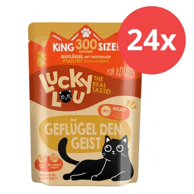 Lucky Lou Geflügel mit Pastinaken für Erwachsene, King 300 Gramm Grösse, 24x Packung, über 96% Fleisch, getreidefrei, ohne Zuckerzusatz, Made in Germany.