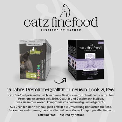 catz finefood zeigt altes und neues Verpackungsdesign. Hinweis: 15 Jahre Premium-Qualität, Umstellung auf neue Verpackung erfolgt aus Nachhaltigkeitsgründen schrittweise.