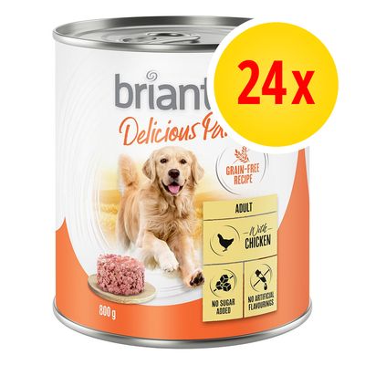 Pack of 24 cans, 800g each, grain-free recipe with chicken for adults, no sugar added, no artificial flavourings.