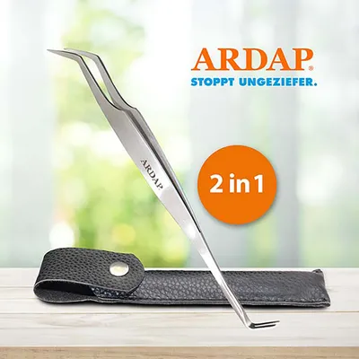 ARDAP-pihdit, ruostumaton teräs, mukana musta kotelo. Kuvassa teksti: ARDAP STOPPT UNGEZIEFER. 2 in 1.