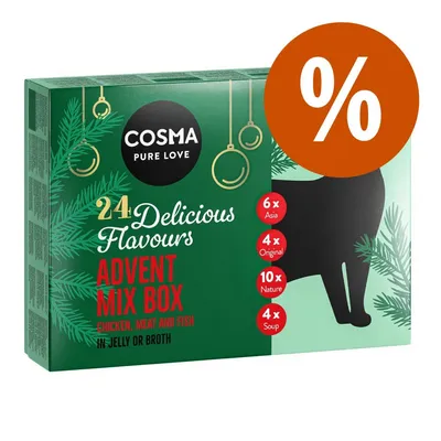 COSMA Pure Love Advent Mix Box, 24 Delicious Flavours, 6× Asia, 4× Original, 10× Nature, 4× Soup, chicken, meat and fish in jelly or broth. Veľké oranžové percento zľavy.