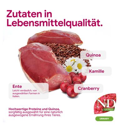 Zutaten in Lebensmittelqualität: Ente, Quinoa, Kamille, Cranberry. Hochwertige Proteine und Quinoa für ausgewogene Tierernährung. N&D Quinoa Urinary.