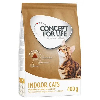 CONCEPT FOR LIFE High premium cat food. INDOOR CATS 400 g. Special Formula X: Reduced stool odour, Body weight control, Hairball function. Adult indoor cats aged 1 year and over.