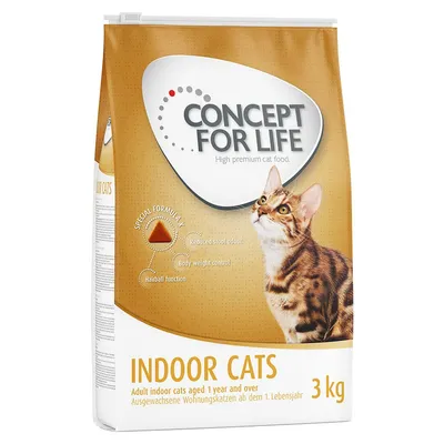 Bag labelled 'Indoor Cats', 3kg, for adult indoor cats aged 1 year and over. Special formula highlights: reduced stool odour, body weight control, hairball function.