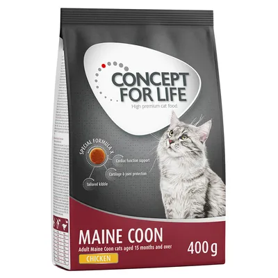 Concept for Life Maine Coon kattenvoer, 400 g, met kip. Speciale formule: hartfunctie, gewrichtsbescherming, aangepaste brokken. Voor Maine Coon katten vanaf 15 maanden.