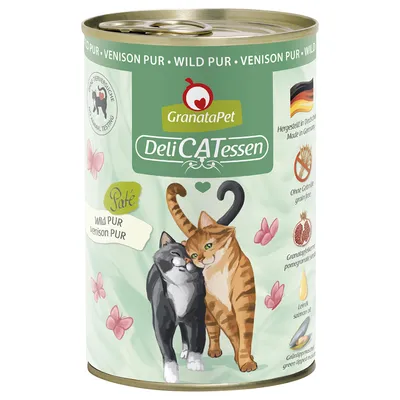 GranataPet DeliCATessen Paté selvaggina pura. Prodotto in Germania, senza cereali, con semi di melagrana, olio di salmone e cozze verdi. Illustrazione di due gatti sulla lattina.
