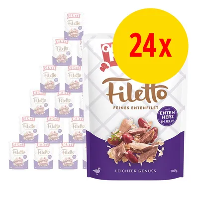 Lot de 24 sachets Rinti Filetto, feines Entenfilet mit Entenherz in Jelly, 100 g chacun. Texte visible : leichter Genuss.