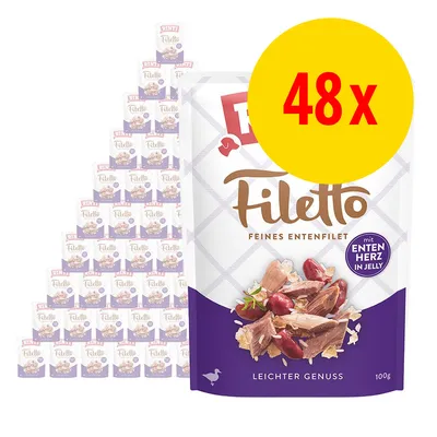 Lot de 48 sachets Rinti Filetto Feines Entenfilet mit Entenherz in Jelly, 100 g chacun. Texte en allemand visible sur l’emballage.