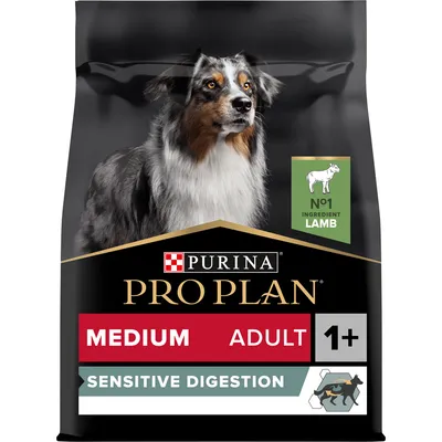 Purina Pro Plan Medium Adult 1+ Sensitive Digestion -koiranruokapakkaus, pääainesosa lammas, teksti: No1 Ingredient Lamb, kuvassa koira ja tuotetiedot englanniksi