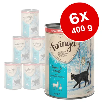 Lot de 6 boîtes Feringa Game & Goose with parsnips & rose hips, Adult, 400 g chacune. Illustration d’un chat noir sur l’emballage. Texte en anglais visible.