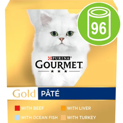 Gold pâté selection with beef, liver, ocean fish and turkey. Pack contains 96 portions.