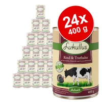 Megapakiet Lukullus Natural, 24 x  400 g - Pakiet V: drób, jagnięcina, królik, dziczyzna, łosoś, kurczak, wołowina i indyk