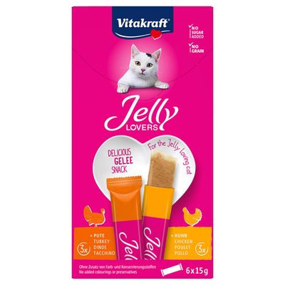 Vitakraft Jelly Lovers jelly snack for cats, grain-free, without colourings or preservatives, varieties: turkey and chicken, pack of 6x15g.