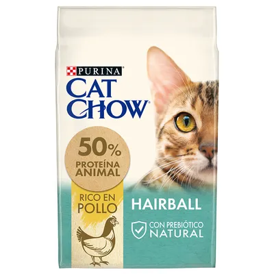 Purina Cat Chow Hairball, 50 % proteína animal, rico en pollo, con prebiótico natural. Imagen de un gato y dibujo de pollo visibles en el envase.