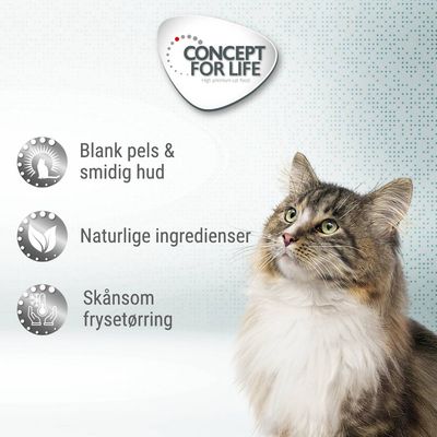CONCEPT FOR LIFE. Blank pels & smidig hud, Naturlige ingredienser, Skånsom frysetørring. Kat med lang pels til højre i billedet.