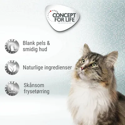 CONCEPT FOR LIFE. Blank pels & smidig hud, Naturlige ingredienser, Skånsom frysetørring. Kat med lang pels til højre i billedet.