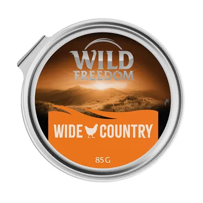 Embalagem de comida para animais Wild Freedom Wide Country, 85 g. Texto visível: WIDE COUNTRY, imagem de uma galinha.